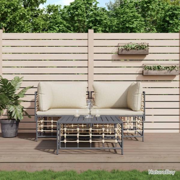 Salon de jardin 3 pcs avec coussins anthracite rsine tresse alsavelo