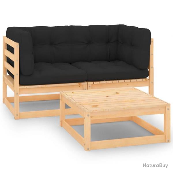 Salon de jardin 3 pcs avec coussins Bois de pin massif alsavelo