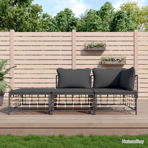 Salon de jardin 3 pcs avec coussins anthracite rsine tresse