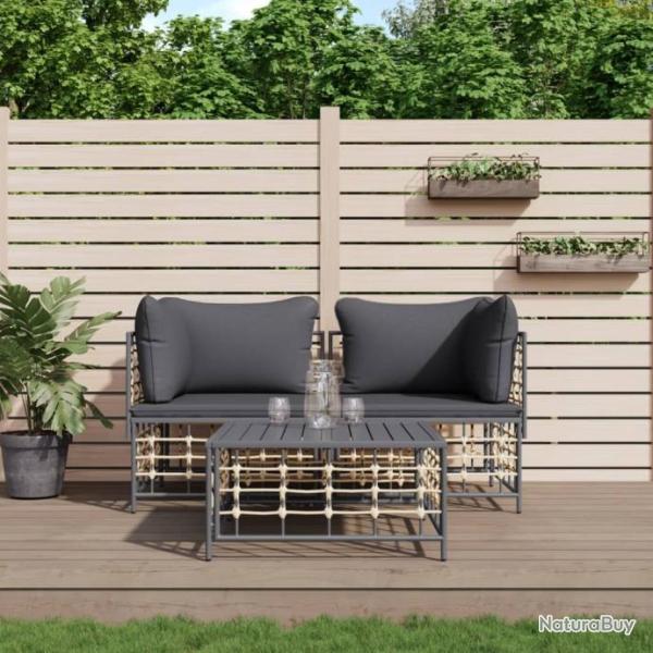 Salon de jardin 3 pcs avec coussins anthracite rsine tresse