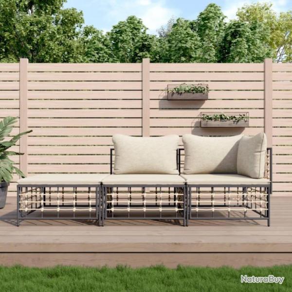 Salon de jardin 3 pcs avec coussins anthracite rsine tresse