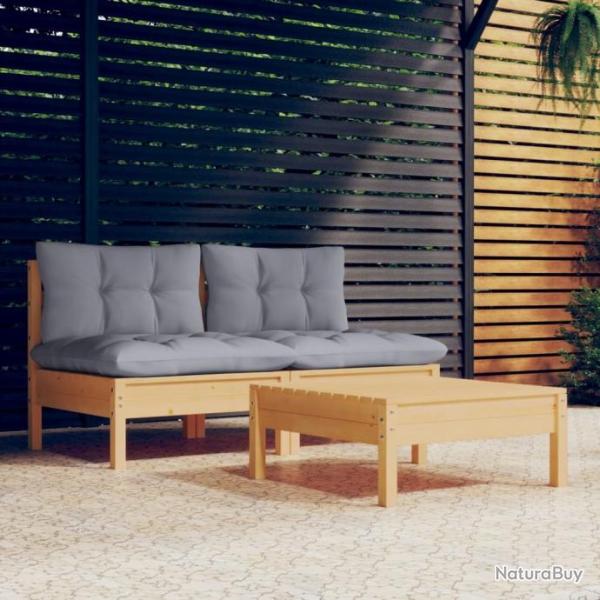 Salon de jardin 3 pcs avec coussins gris Bois de pin