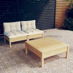 Salon de jardin 3 pcs avec coussins crème bois de pin