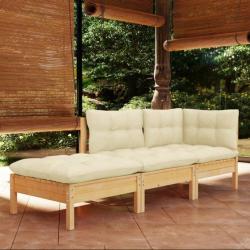 Salon de jardin 3 pcs avec coussins crème Bois de pin massif