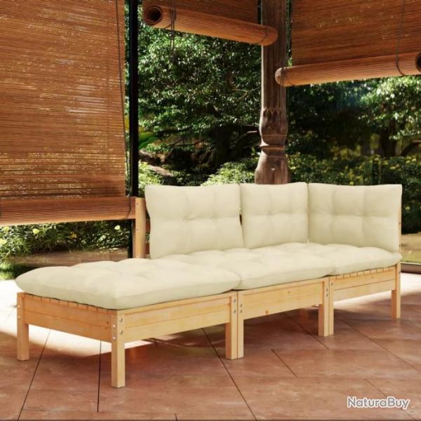 Salon de jardin 3 pcs avec coussins crme Bois de pin massif