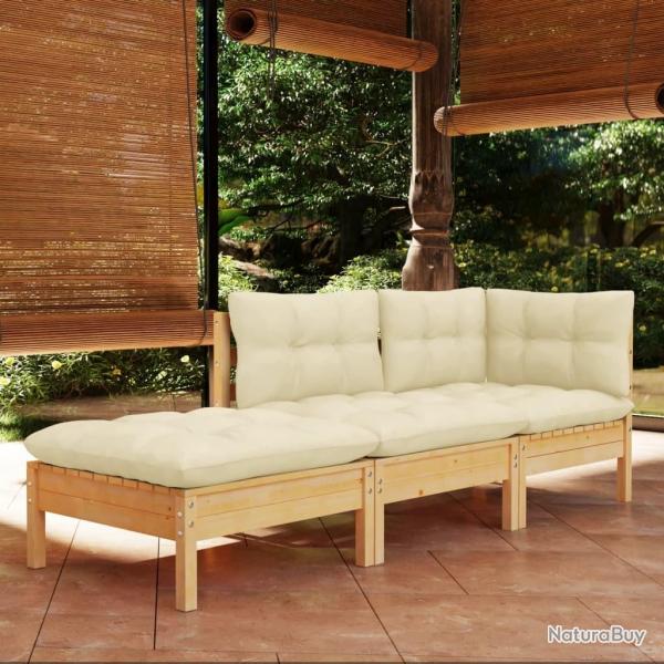 Salon de jardin 3 pcs avec coussins crme Bois de pin massif alsavelo