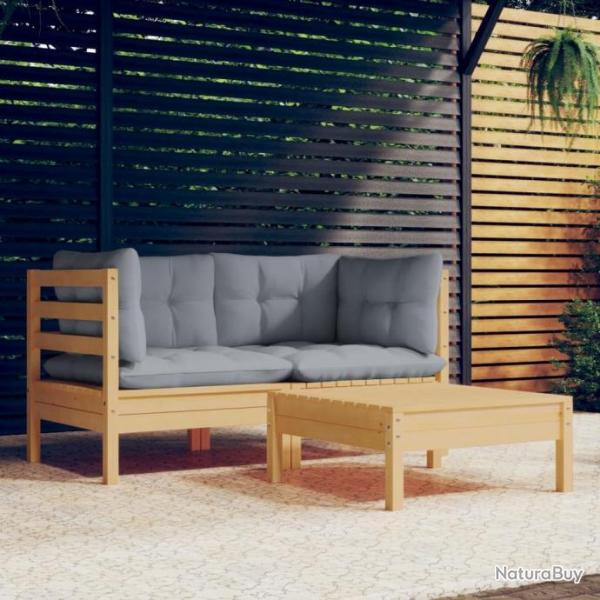 Salon de jardin 3 pcs avec coussins gris Bois de pin