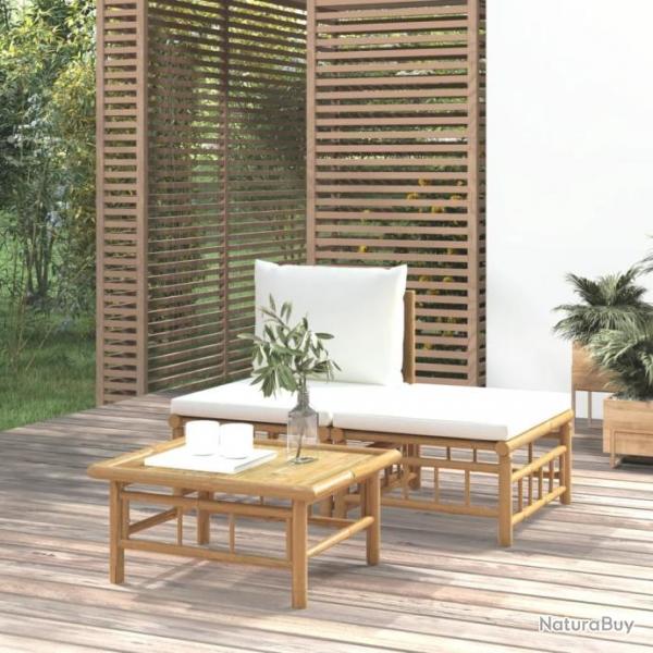 Salon de jardin 3 pcs avec coussins blanc crme bambou