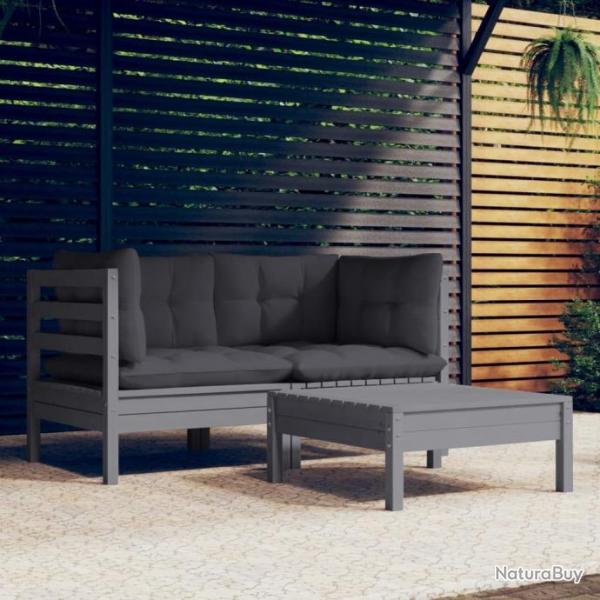 Salon de jardin 3 pcs avec coussins anthracite bois de pin