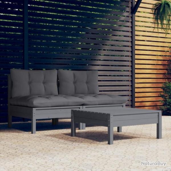 Salon de jardin 3 pcs avec coussins anthracite bois de pin