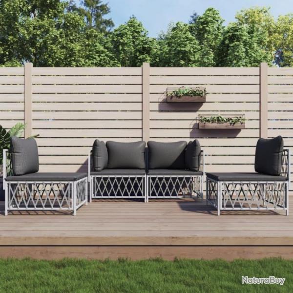 Salon de jardin 4 pcs avec coussins blanc acier