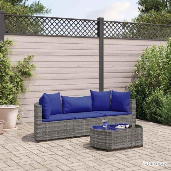 Salon de jardin 4 pcs avec coussins gris rsine tresse