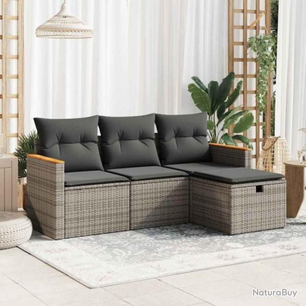 Salon de jardin 4 pcs avec coussins gris rsine tresse