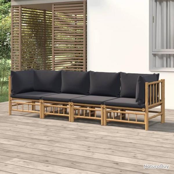 Salon de jardin 4 pcs avec coussins gris fonc bambou