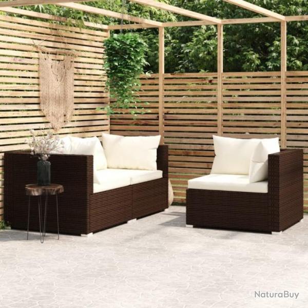 Salon de jardin 3 pcs avec coussins Marron Rsine tresse