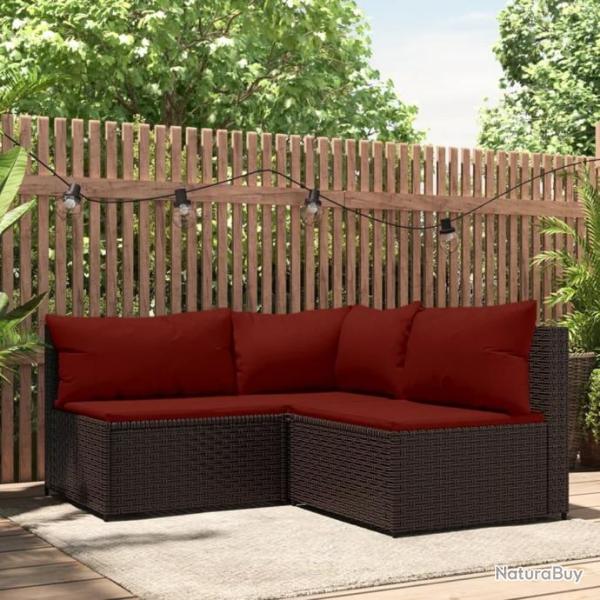 Salon de jardin 3 pcs avec coussins marron rsine tresse