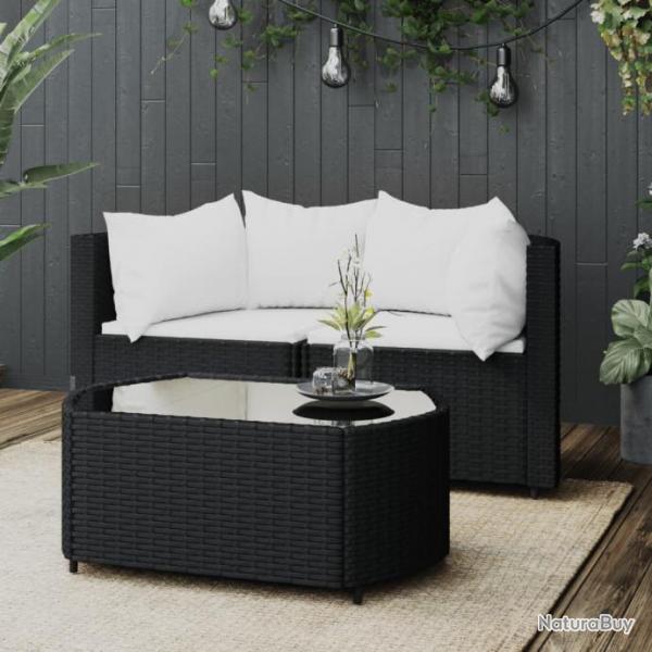 Salon de jardin 3 pcs avec coussins Noir Rsine tresse