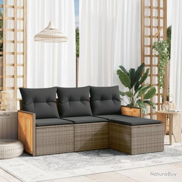 Salon de jardin 4 pcs avec coussins gris rsine tresse