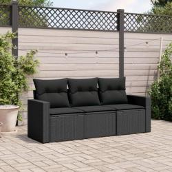 Salon de jardin 3 pcs avec coussins noir résine tressée