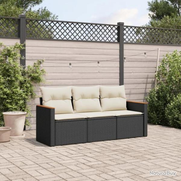 Salon de jardin 3 pcs avec coussins noir rsine tresse