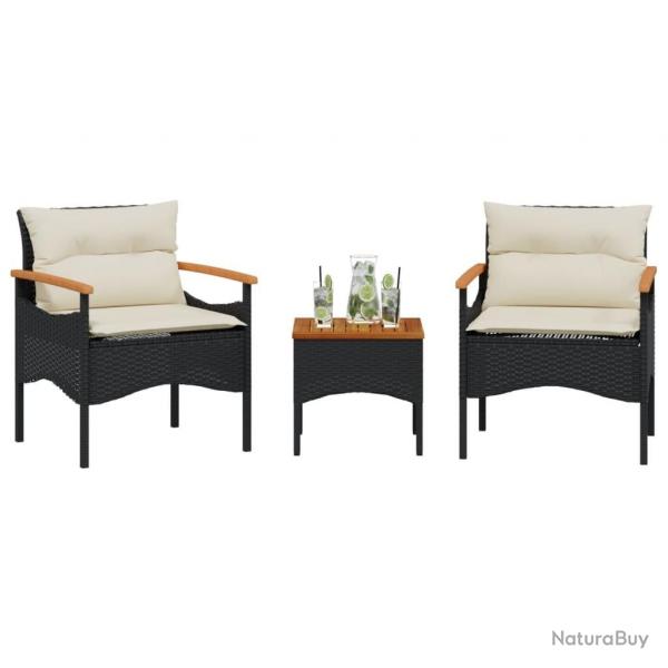 Salon de jardin 3 pcs avec coussins noir rsine tresse alsavelo