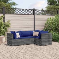 Salon de jardin 4 pcs avec coussins Gris Résine tressée