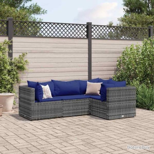 Salon de jardin 4 pcs avec coussins Gris Rsine tresse