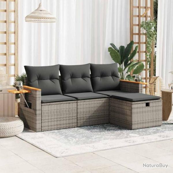 Salon de jardin 4 pcs avec coussins gris rsine tresse