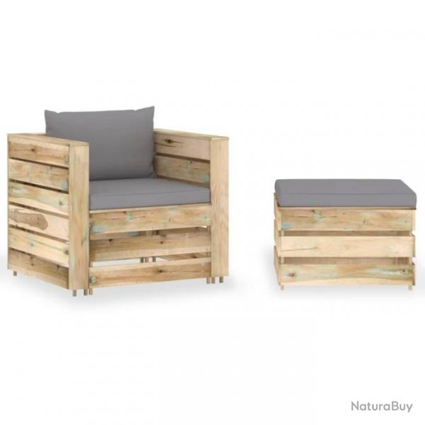 Salon de jardin 2 pcs avec coussins Bois imprgn de vert