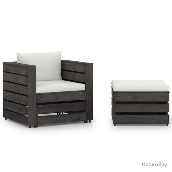 Salon de jardin 2 pcs avec coussins Bois imprgn de gris alsavelo