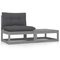 Salon de jardin 2 pcs avec coussins Gris Bois de pin massif