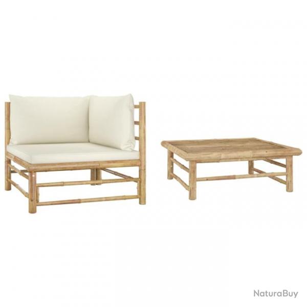 Salon de jardin 2 pcs avec coussins blanc crme Bambou