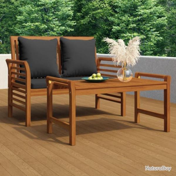 Salon de jardin 2 pcs avec coussins gris fonc Bois massif