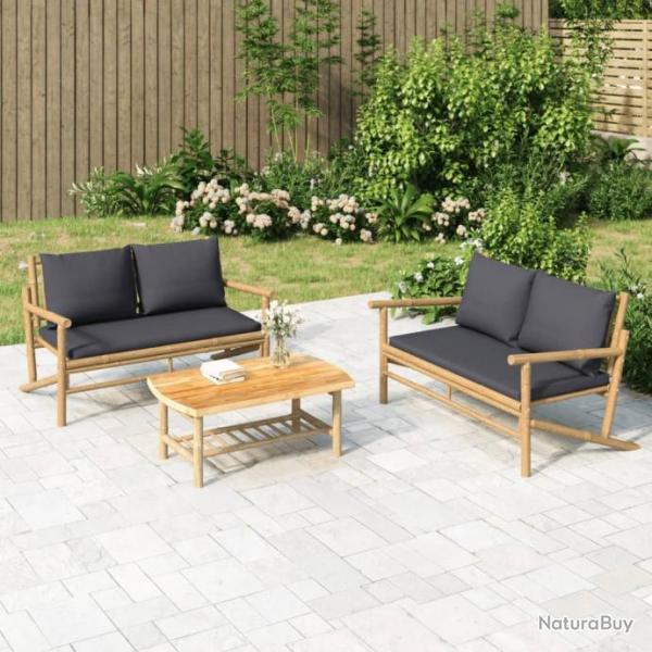 Salon de jardin 2 pcs avec coussins gris fonc bambou