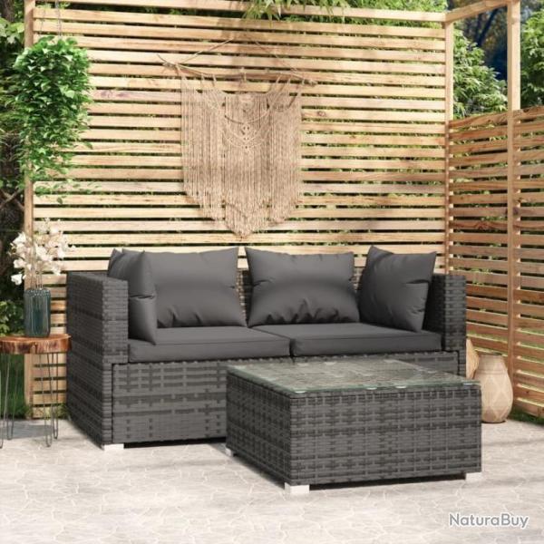 Salon de jardin 3 pcs avec coussins Gris Rsine tresse alsavelo