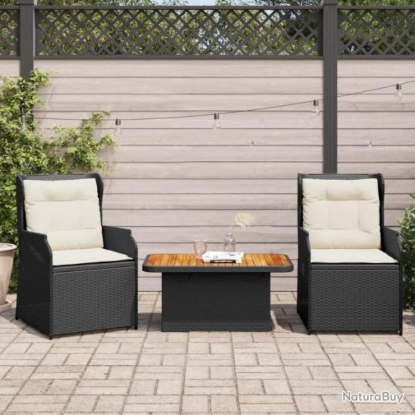 Salon de jardin 3 pcs avec coussins Noir Rsine tresse