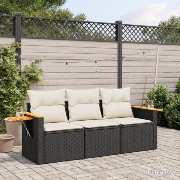 Salon de jardin 3 pcs avec coussins noir rsine tresse