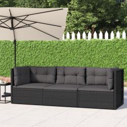 Salon de jardin 3 pcs avec coussins Noir Résine tressée alsavelo