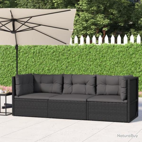 Salon de jardin 3 pcs avec coussins Noir Rsine tresse