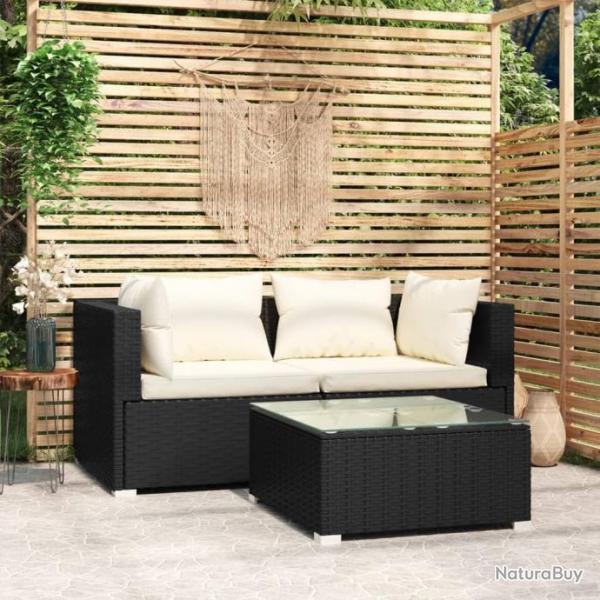 Salon de jardin 3 pcs avec coussins Noir Rsine tresse