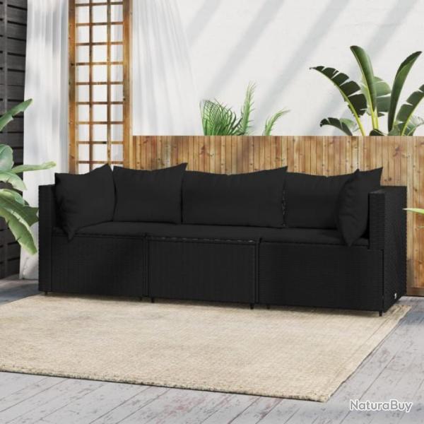 Salon de jardin 3 pcs avec coussins Noir Rsine tresse