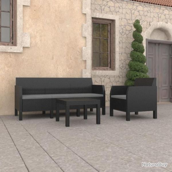 Salon de jardin 3 pcs avec coussins PP Rotin Anthracite