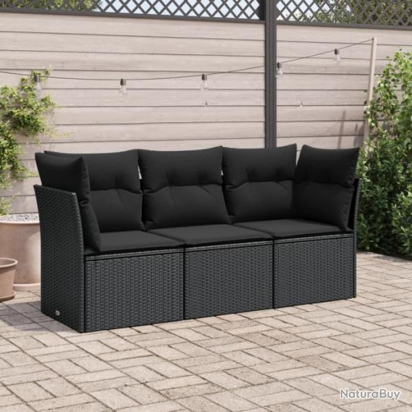 Salon de jardin 3 pcs avec coussins noir rsine tresse