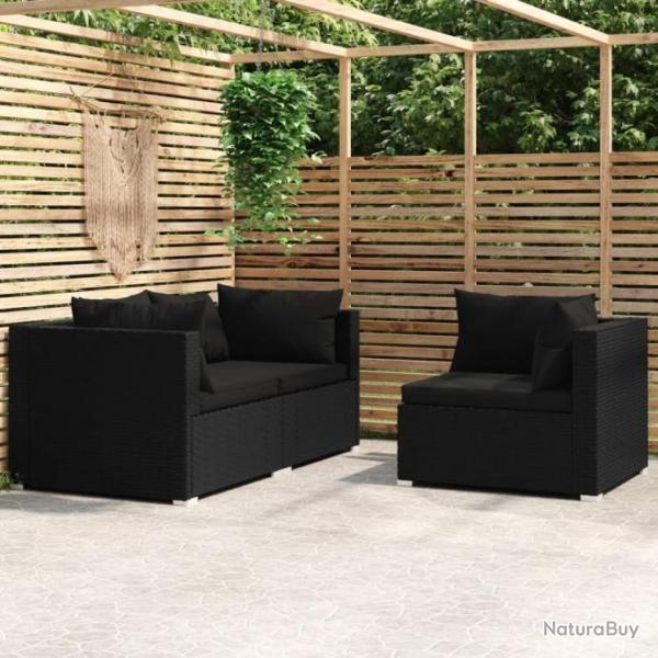 Salon de jardin 3 pcs avec coussins Noir Rsine tresse