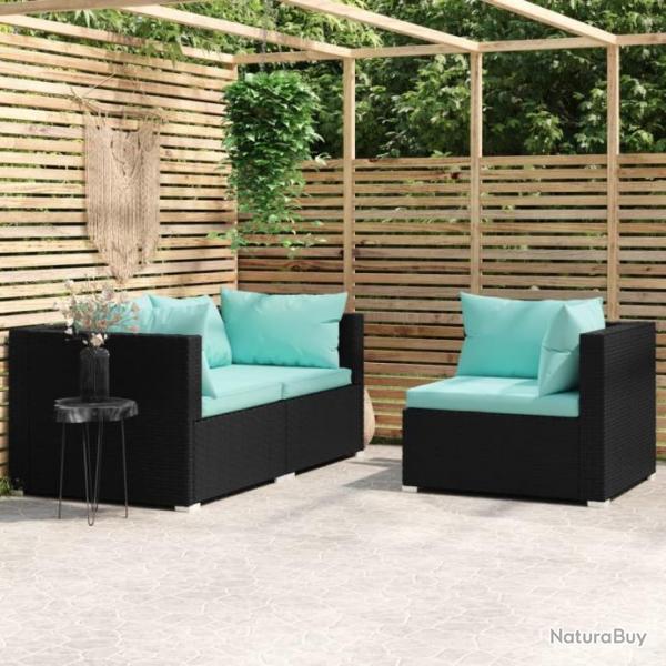 Salon de jardin 3 pcs avec coussins Noir Rsine tresse