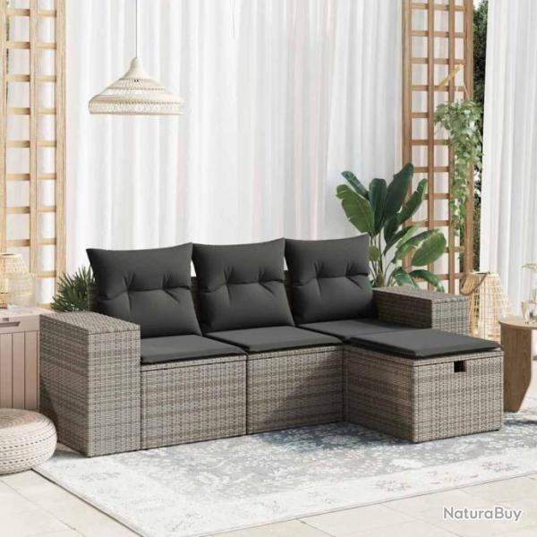 Salon de jardin 4 pcs avec coussins gris rsine tresse