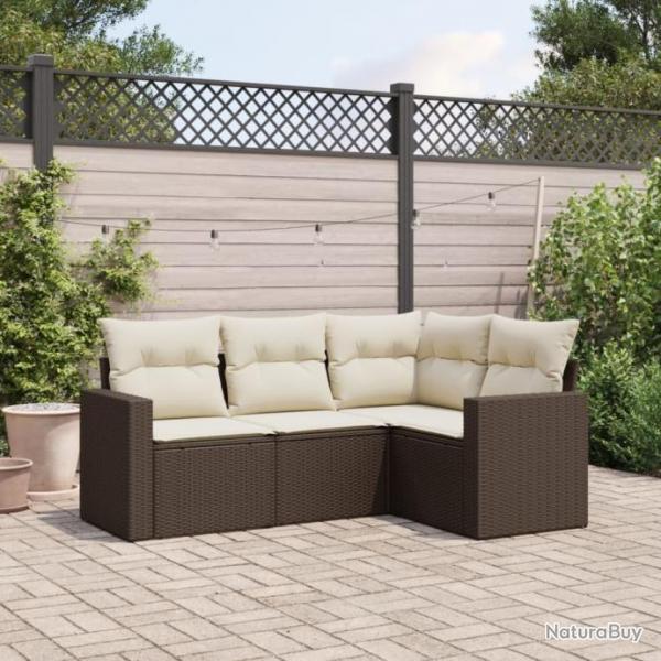 Salon de jardin 4 pcs avec coussins marron rsine tresse