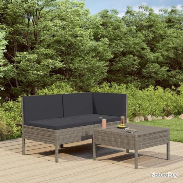 Salon de jardin 3 pcs avec coussins Rsine tresse Gris