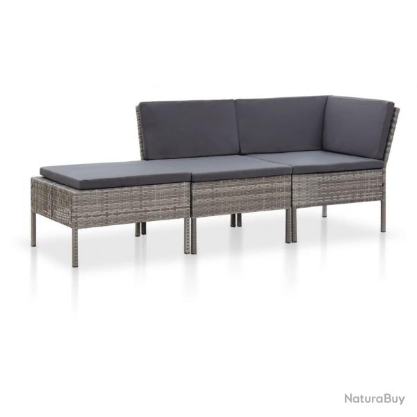 Salon de jardin 3 pcs avec coussins Rsine tresse Gris alsavelo