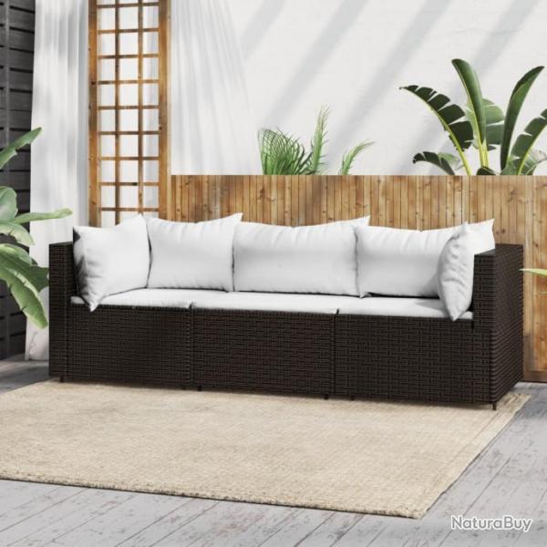 Salon de jardin 3 pcs avec coussins marron rsine tresse